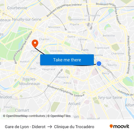Gare de Lyon - Diderot to Clinique du Trocadéro map