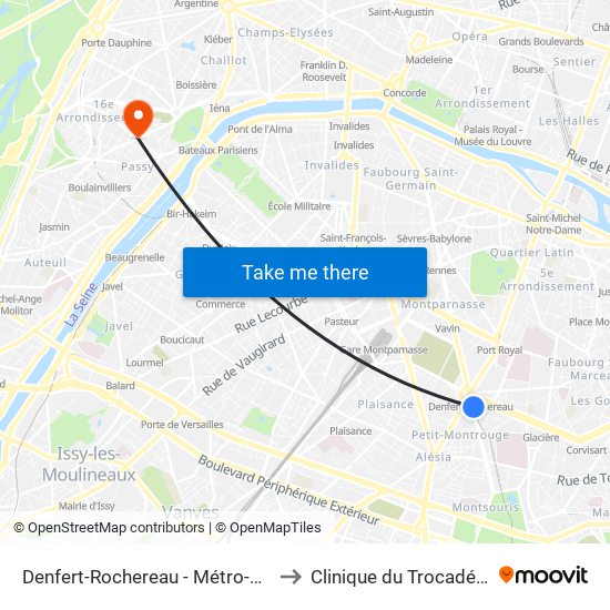 Denfert-Rochereau - Métro-Rer to Clinique du Trocadéro map