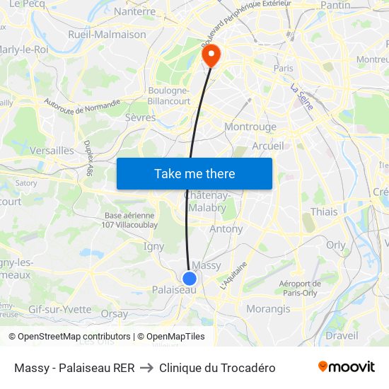 Massy - Palaiseau RER to Clinique du Trocadéro map