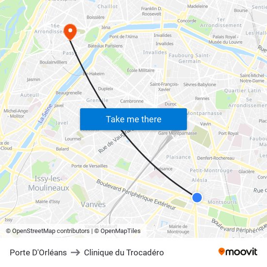 Porte D'Orléans to Clinique du Trocadéro map