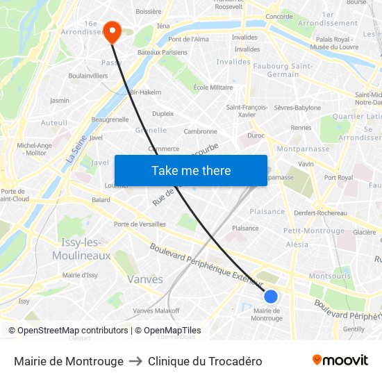 Mairie de Montrouge to Clinique du Trocadéro map