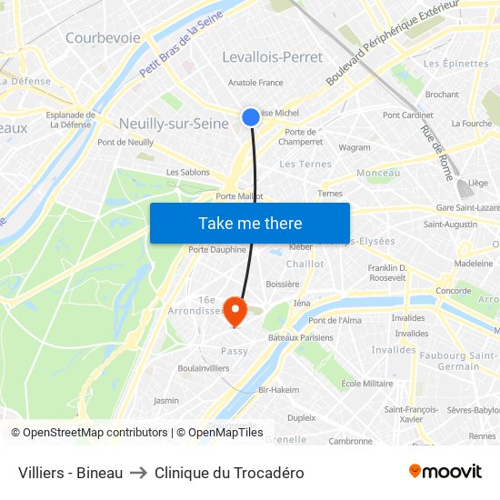 Villiers - Bineau to Clinique du Trocadéro map