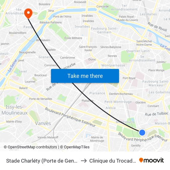 Stade Charléty (Porte de Gentilly) to Clinique du Trocadéro map