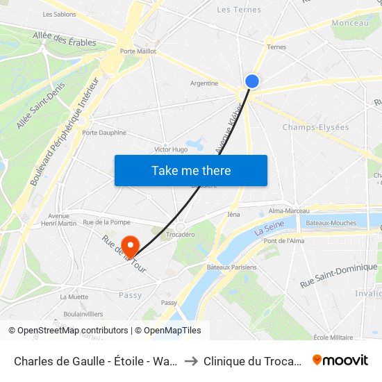 Charles de Gaulle - Étoile - Wagram to Clinique du Trocadéro map