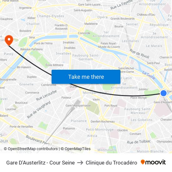 Gare D'Austerlitz - Cour Seine to Clinique du Trocadéro map