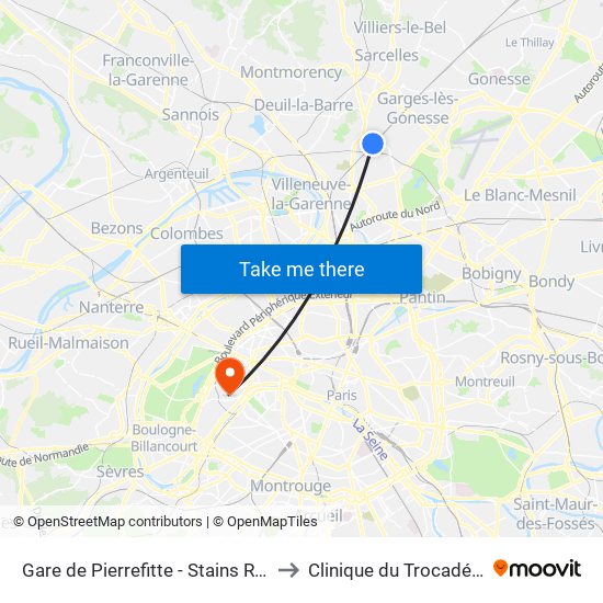 Gare de Pierrefitte - Stains RER to Clinique du Trocadéro map