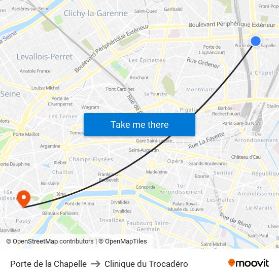 Porte de la Chapelle to Clinique du Trocadéro map