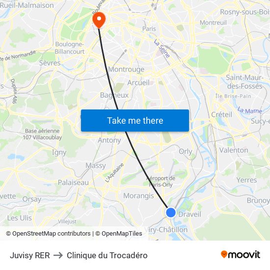 Juvisy RER to Clinique du Trocadéro map