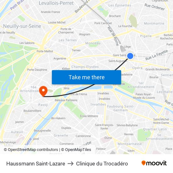 Haussmann Saint-Lazare to Clinique du Trocadéro map