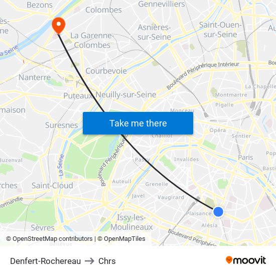 Denfert-Rochereau to Chrs map