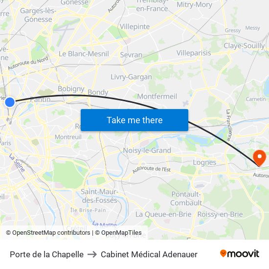 Porte de la Chapelle to Cabinet Médical Adenauer map