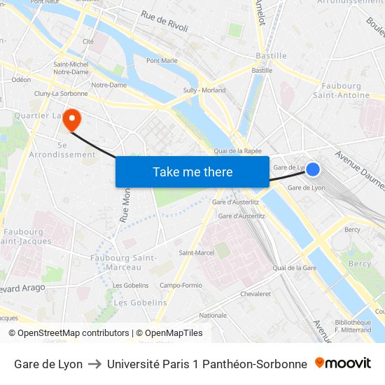Gare de Lyon to Université Paris 1 Panthéon-Sorbonne map