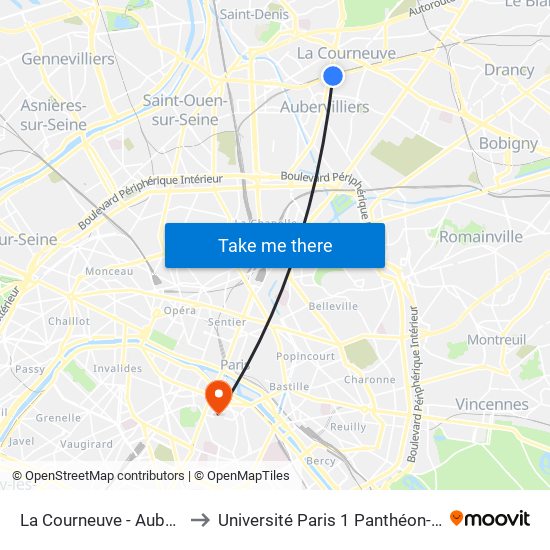 La Courneuve - Aubervilliers to Université Paris 1 Panthéon-Sorbonne map