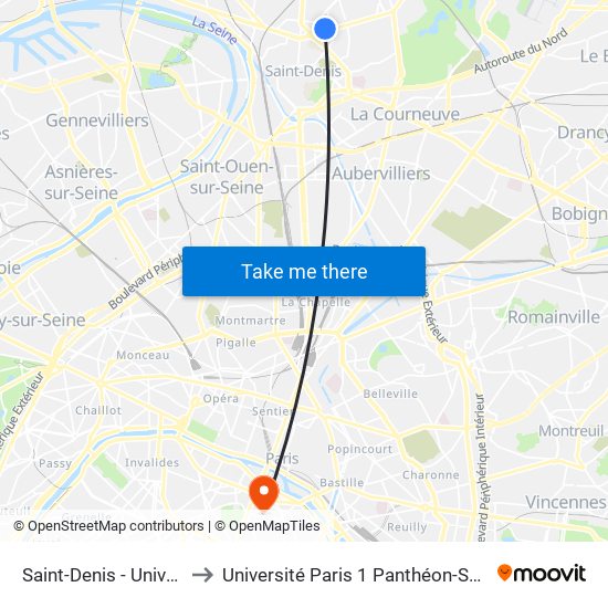 Saint-Denis - Université to Université Paris 1 Panthéon-Sorbonne map