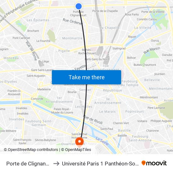 Porte de Clignancourt to Université Paris 1 Panthéon-Sorbonne map