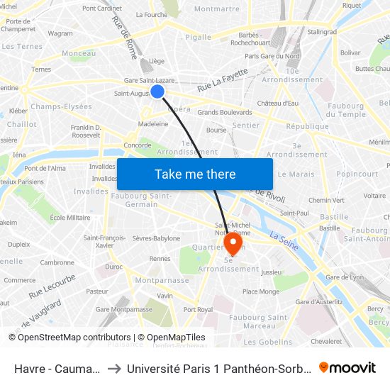 Havre - Caumartin to Université Paris 1 Panthéon-Sorbonne map