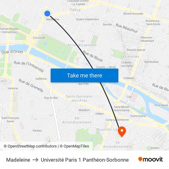 Madeleine to Université Paris 1 Panthéon-Sorbonne map