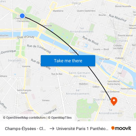Champs-Élysées - Clemenceau to Université Paris 1 Panthéon-Sorbonne map