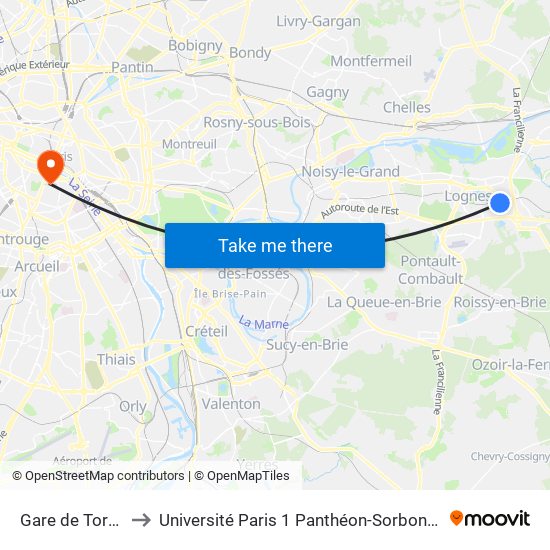 Gare de Torcy to Université Paris 1 Panthéon-Sorbonne map