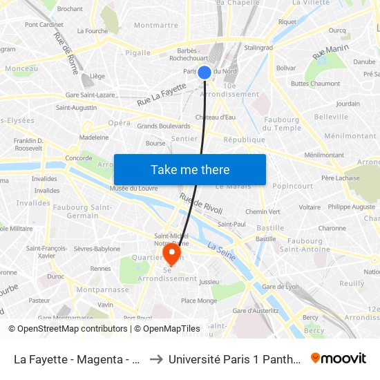 La Fayette - Magenta - Gare du Nord to Université Paris 1 Panthéon-Sorbonne map