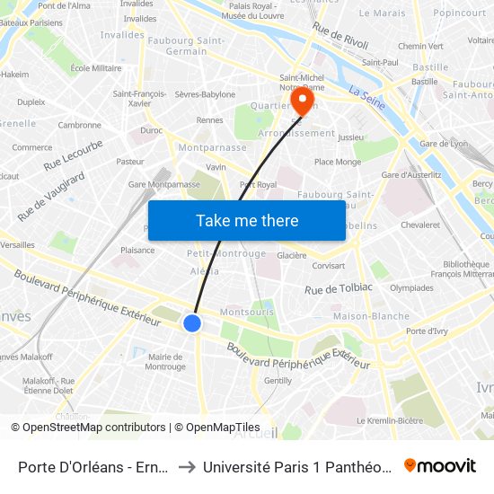 Porte D'Orléans - Ernest Reyer to Université Paris 1 Panthéon-Sorbonne map