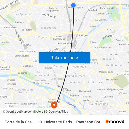 Porte de la Chapelle to Université Paris 1 Panthéon-Sorbonne map