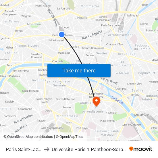 Paris Saint-Lazare to Université Paris 1 Panthéon-Sorbonne map