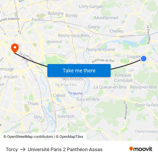 Torcy to Université Paris 2 Panthéon-Assas map