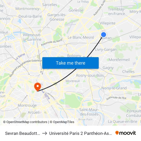 Sevran Beaudottes to Université Paris 2 Panthéon-Assas map