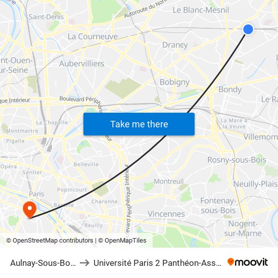 Aulnay-Sous-Bois to Université Paris 2 Panthéon-Assas map