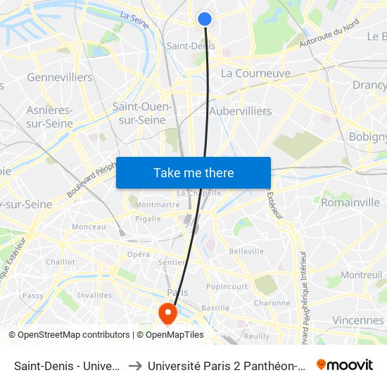 Saint-Denis - Université to Université Paris 2 Panthéon-Assas map