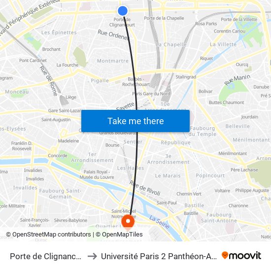 Porte de Clignancourt to Université Paris 2 Panthéon-Assas map