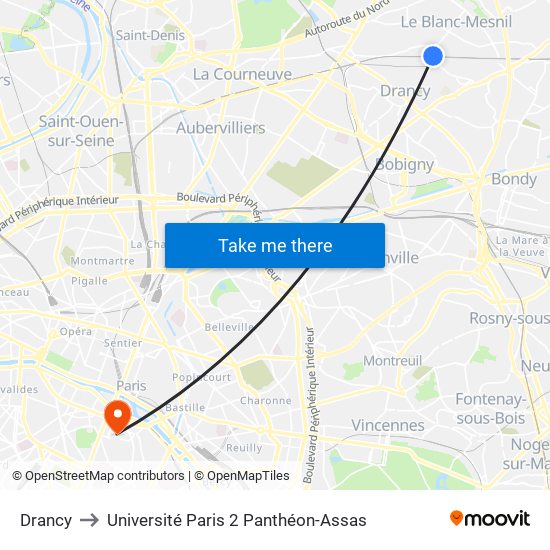 Drancy to Université Paris 2 Panthéon-Assas map