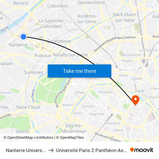 Nanterre Université to Université Paris 2 Panthéon-Assas map