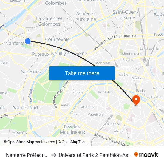 Nanterre Préfecture to Université Paris 2 Panthéon-Assas map