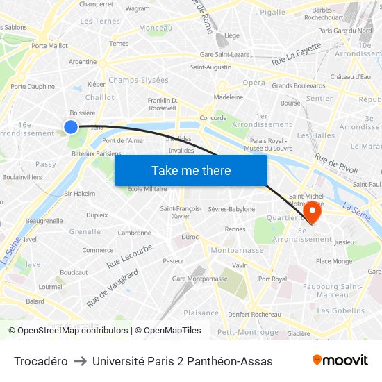Trocadéro to Université Paris 2 Panthéon-Assas map