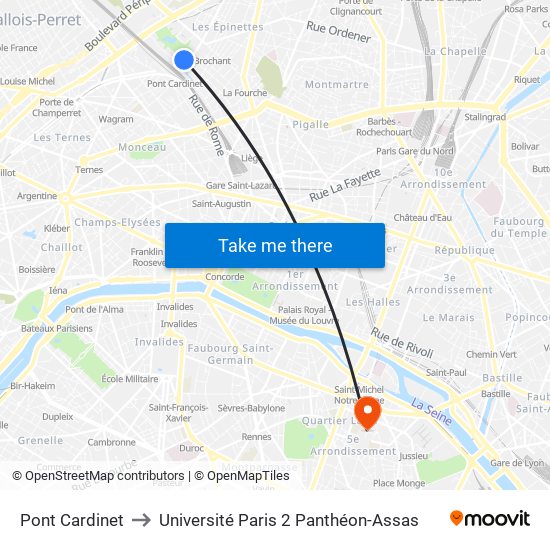 Pont Cardinet to Université Paris 2 Panthéon-Assas map