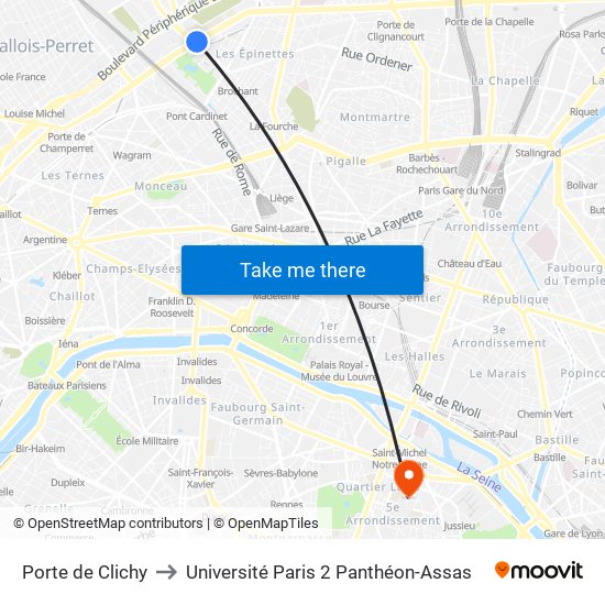 Porte de Clichy to Université Paris 2 Panthéon-Assas map