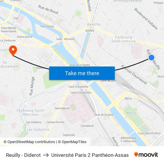 Reuilly - Diderot to Université Paris 2 Panthéon-Assas map