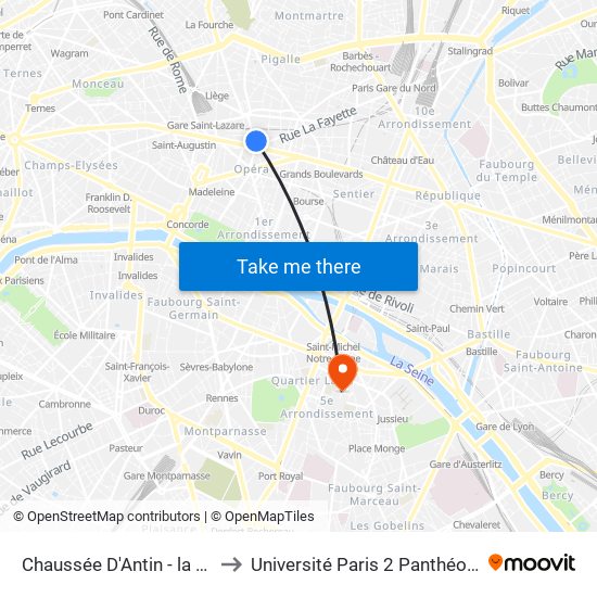 Chaussée D'Antin - la Fayette to Université Paris 2 Panthéon-Assas map