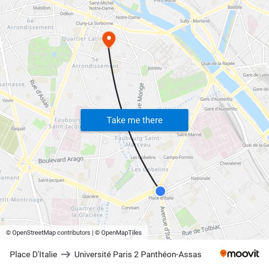 Place D'Italie to Université Paris 2 Panthéon-Assas map