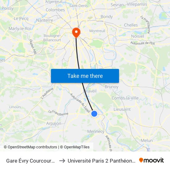 Gare Évry Courcouronnes to Université Paris 2 Panthéon-Assas map