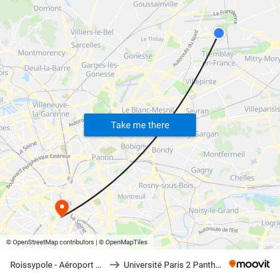 Roissypole - Aéroport Cdg1 (D3) to Université Paris 2 Panthéon-Assas map