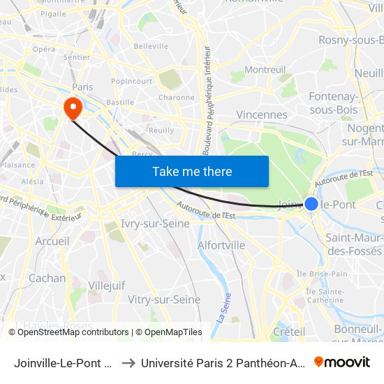 Joinville-Le-Pont RER to Université Paris 2 Panthéon-Assas map
