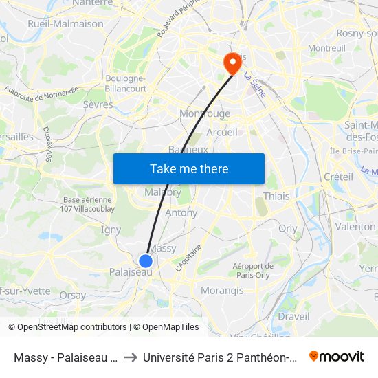 Massy - Palaiseau RER to Université Paris 2 Panthéon-Assas map