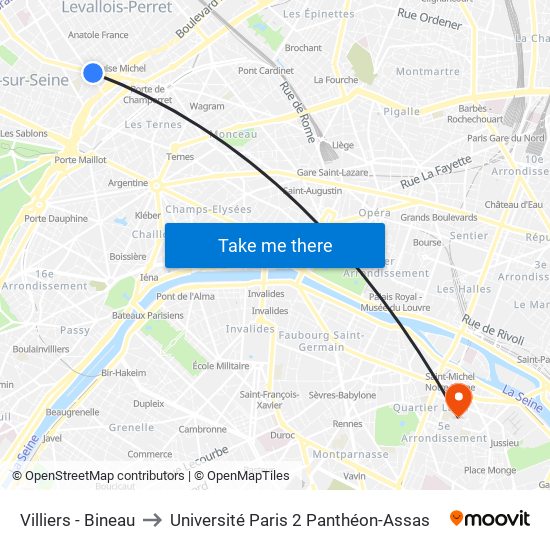 Villiers - Bineau to Université Paris 2 Panthéon-Assas map