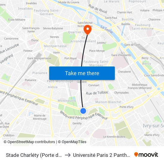 Stade Charléty (Porte de Gentilly) to Université Paris 2 Panthéon-Assas map