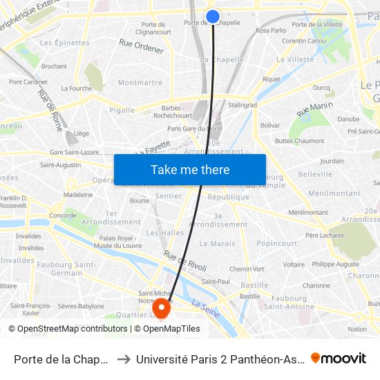 Porte de la Chapelle to Université Paris 2 Panthéon-Assas map