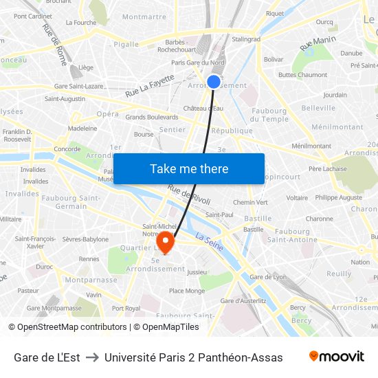 Gare de L'Est to Université Paris 2 Panthéon-Assas map