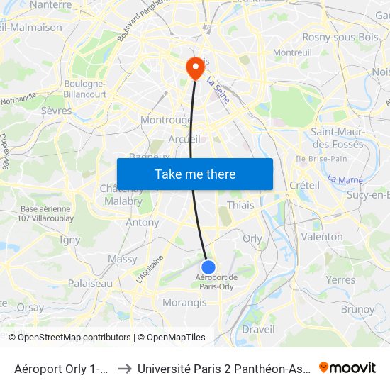 Aéroport Orly 1-2-3 to Université Paris 2 Panthéon-Assas map